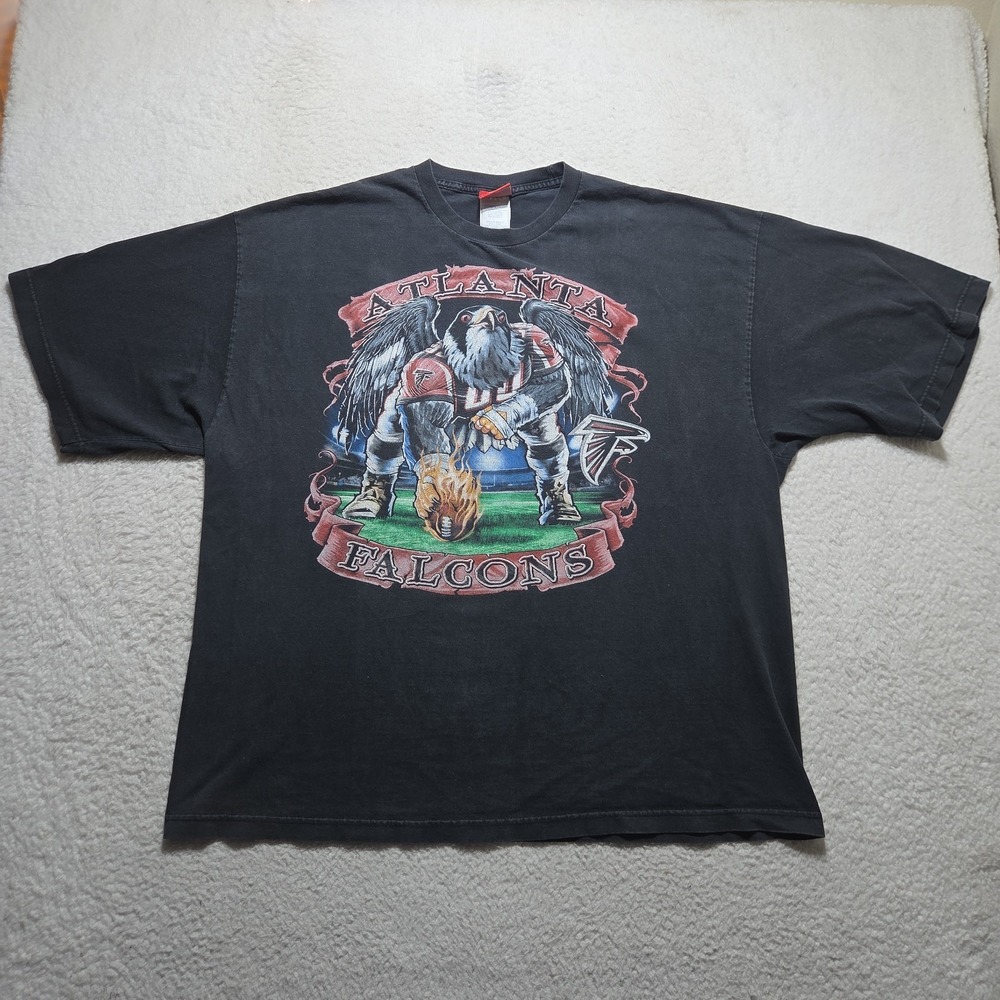 Vintage 90s Atlanta Falcons T Shirt Mens 3XL Black NFL Falcon Mascot Faded Y2K